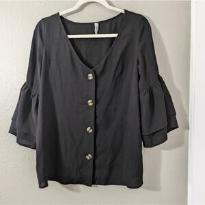 Chic Black Button-Up Blouse with Flared Sleeves